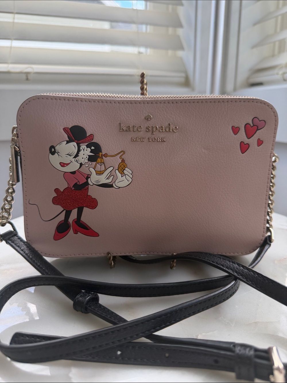 kate spade Pink Minnie Mouse Leather Crossbody with Black Strap